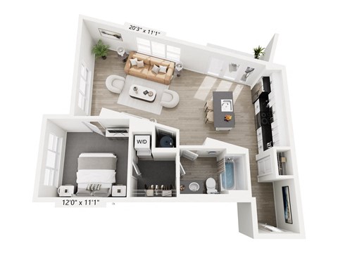 The Gradient floor plan at Contrast OTR in Cincinnati’s Over-the-Rhine offers a modern one-bedroom with open layout, walk-in closet, and in-unit laundry—perfect for downtown living near TQL Stadium.